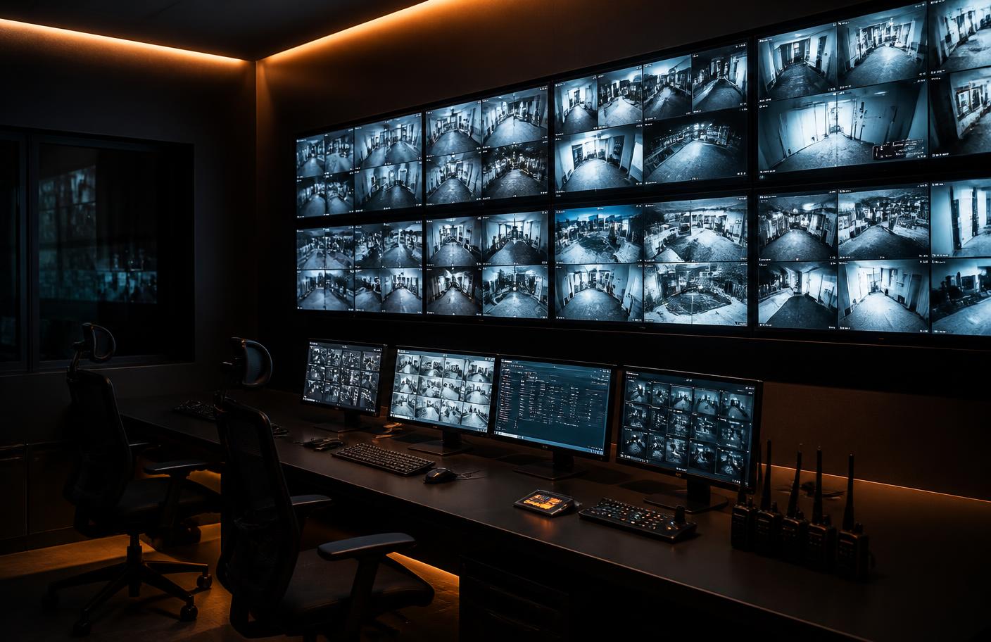 Sala de monitoramento com painel de câmeras de CFTV